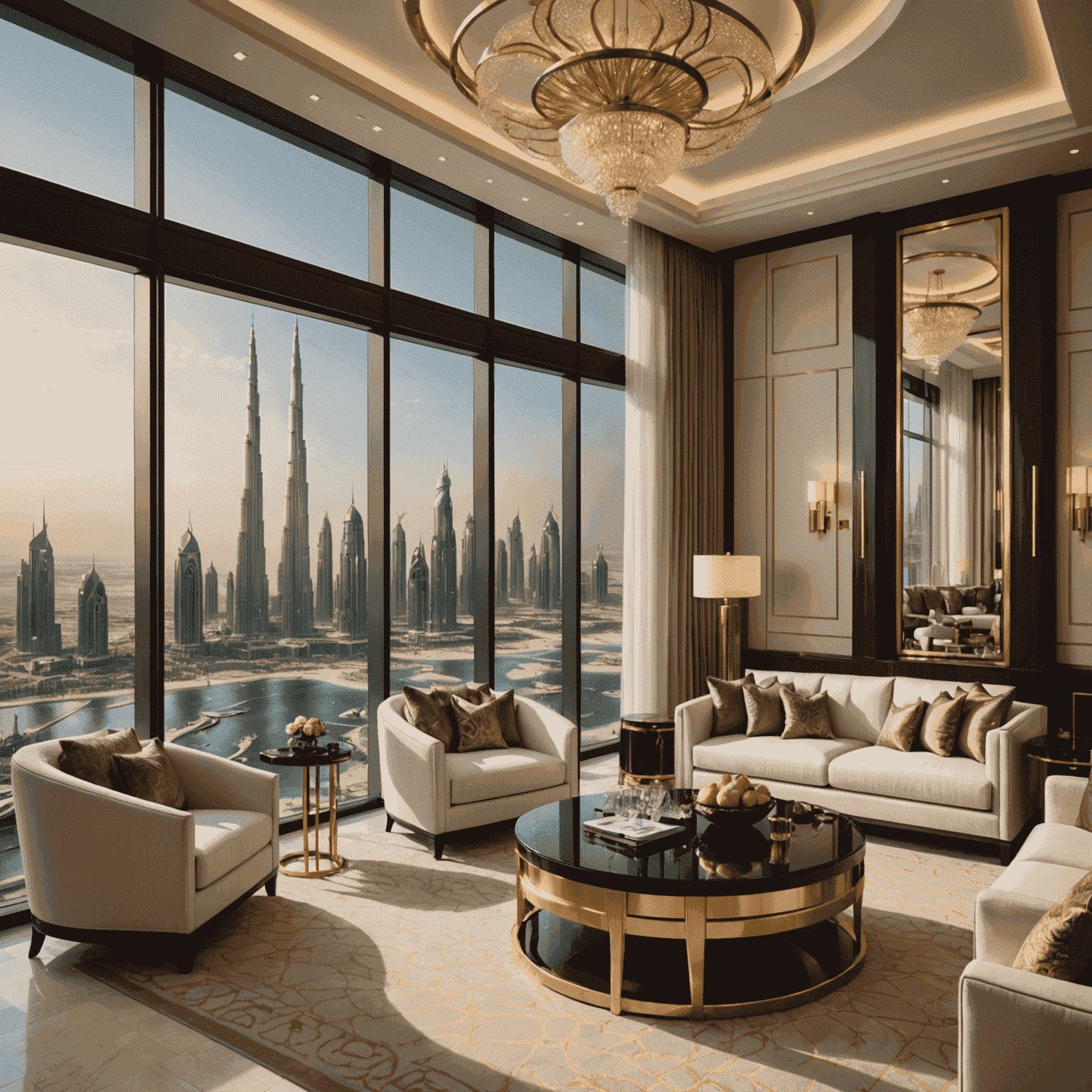 Luxurious Dubai hotel with gold accents, featuring a panoramic view of the city skyline and iconic landmarks