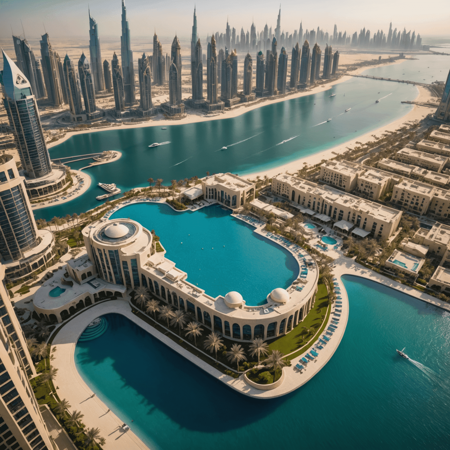 Aerial view of a luxurious Dubai hotel with infinity pool overlooking the city skyline