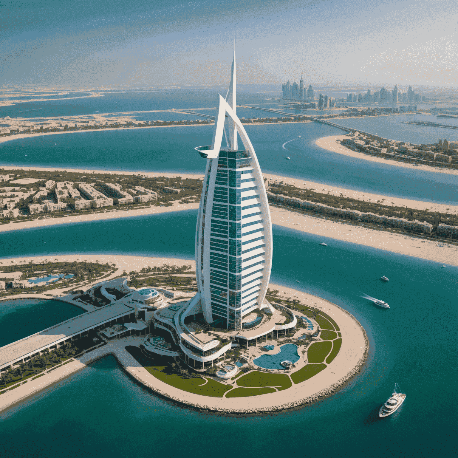 Burj Al Arab Jumeirah, a sail-shaped iconic hotel on a man-made island with a helipad, surrounded by the Arabian Gulf