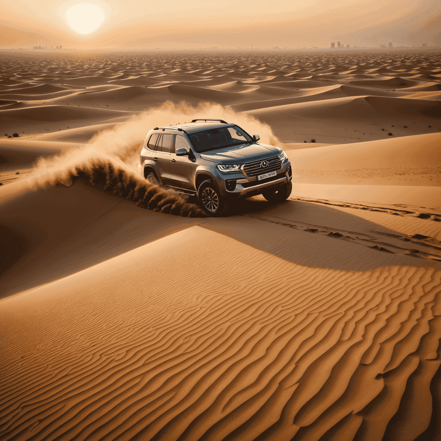 A 4x4 vehicle driving over large sand dunes in the Dubai desert at sunset, kicking up sand in its wake