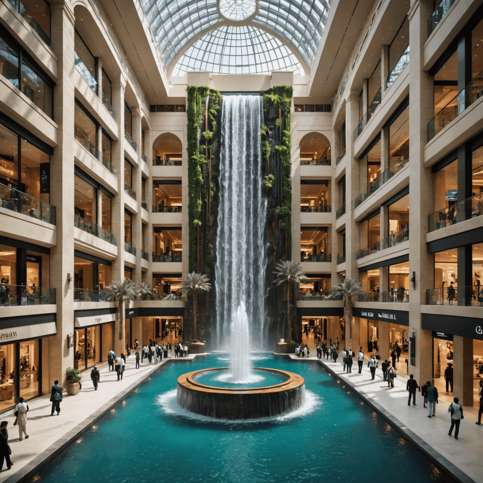 The Dubai Mall's grand atrium with its magnificent waterfall, surrounded by luxury brand storefronts and throngs of international shoppers