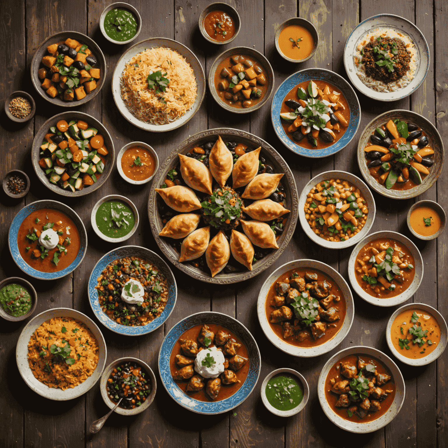 Colorful array of Middle Eastern dishes on a rustic table, showcasing Dubai's diverse culinary scene