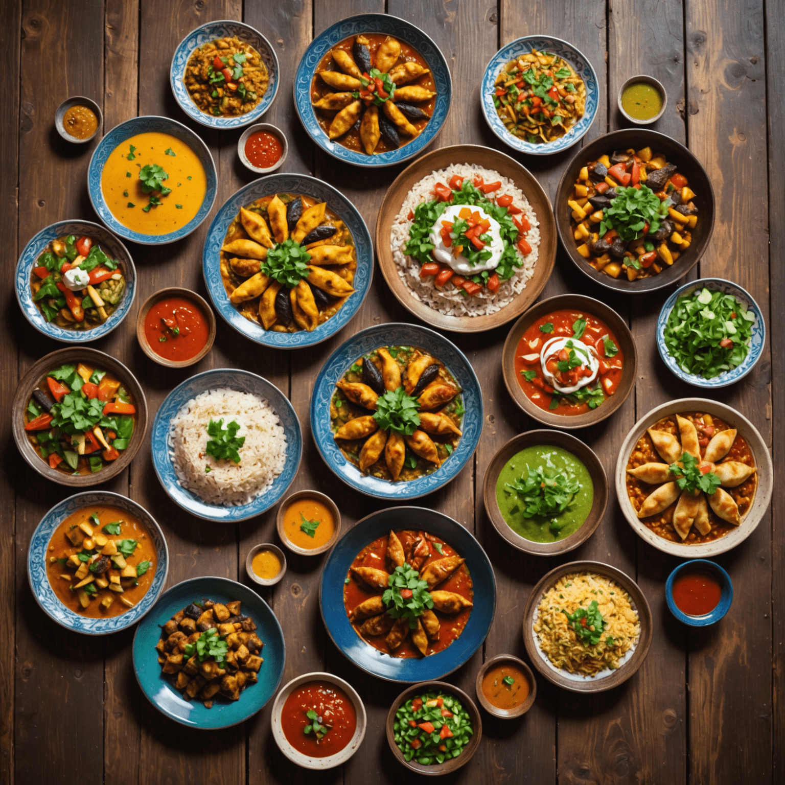 Colorful array of Middle Eastern dishes on a rustic wooden table in a hidden Dubai restaurant