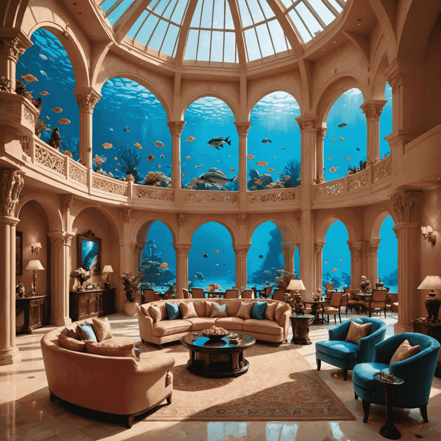 Atlantis, The Palm, a grand pink palace-like structure at the apex of Palm Jumeirah, featuring underwater suites with views into a massive aquarium