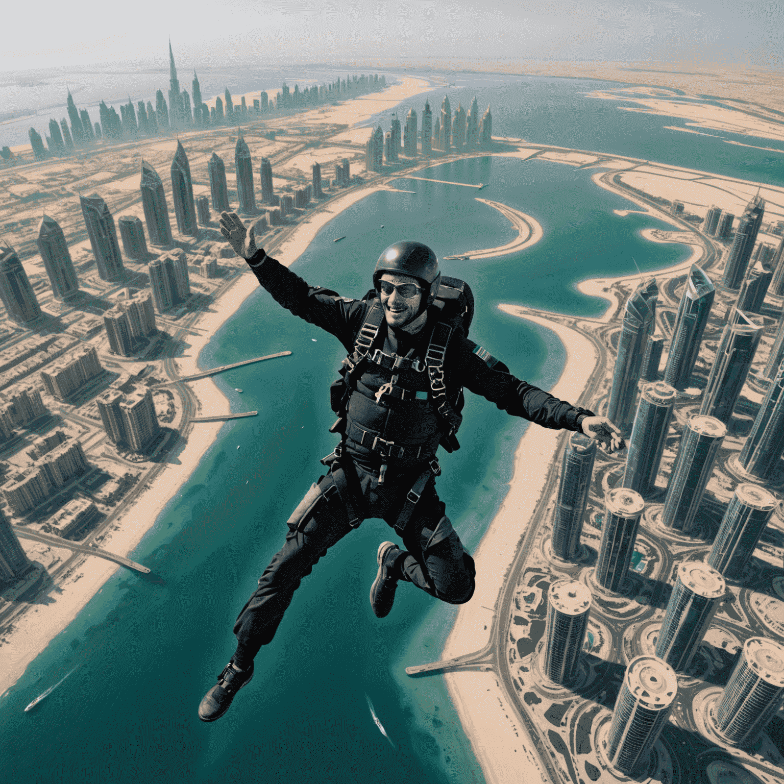 A skydiver free-falling with a view of the Palm Jumeirah and Dubai skyline below