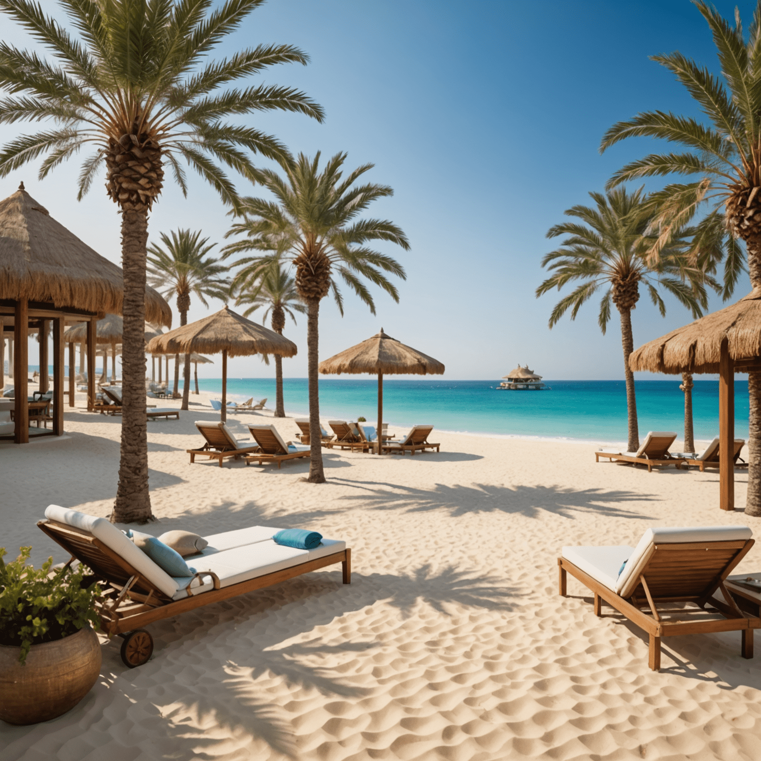 Luxurious beach resort in Dubai with pristine white sand and crystal-clear water, palm trees, and sun loungers