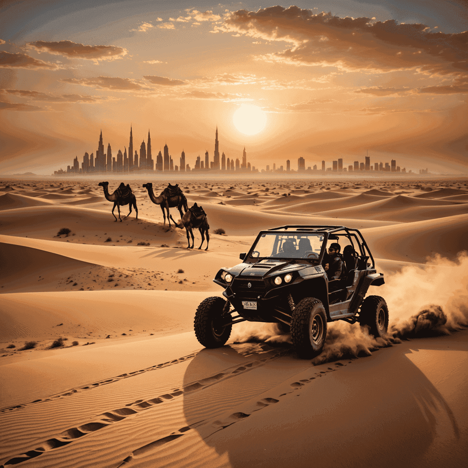 Thrilling desert safari scene with dune buggies and camels, set against a dramatic Dubai sunset