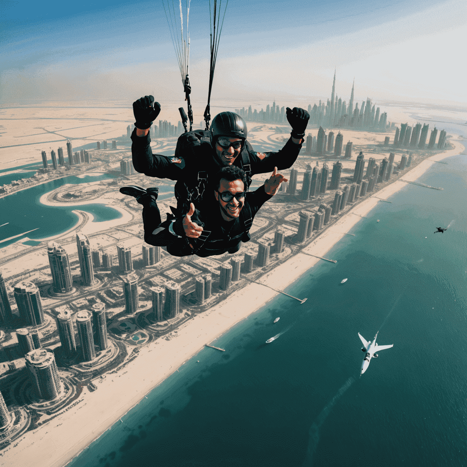 Silhouette of a person skydiving over Palm Jumeirah with Dubai skyline in the background