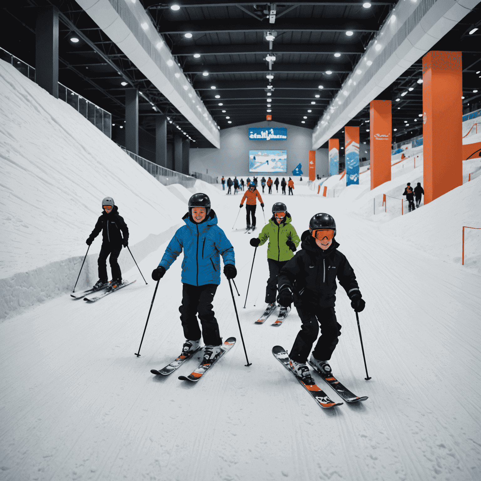 People skiing and snowboarding on indoor slopes with real snow at Ski Dubai