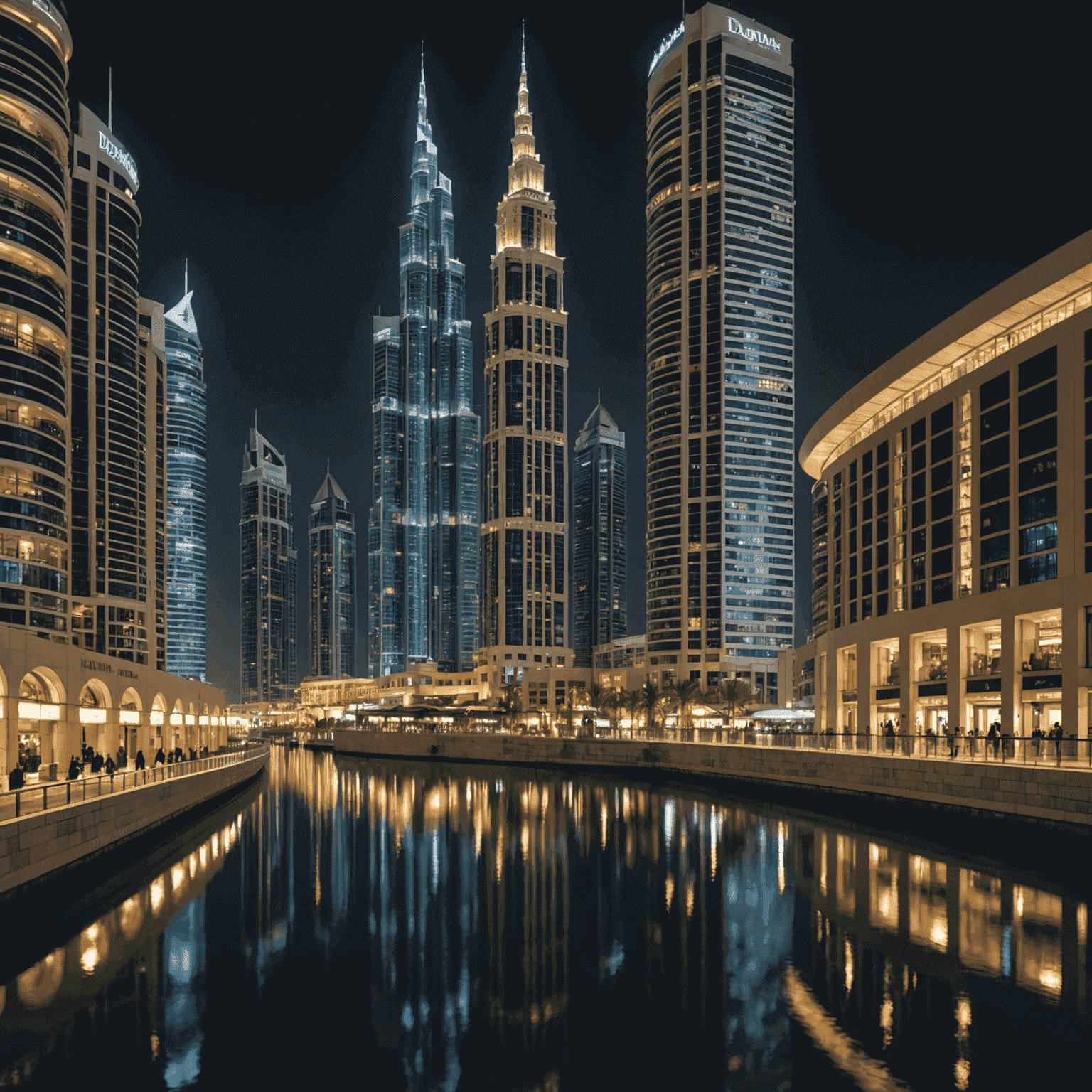 Dubai Marina Mall's exterior at night, illuminated and reflecting on the waters of Dubai Marina