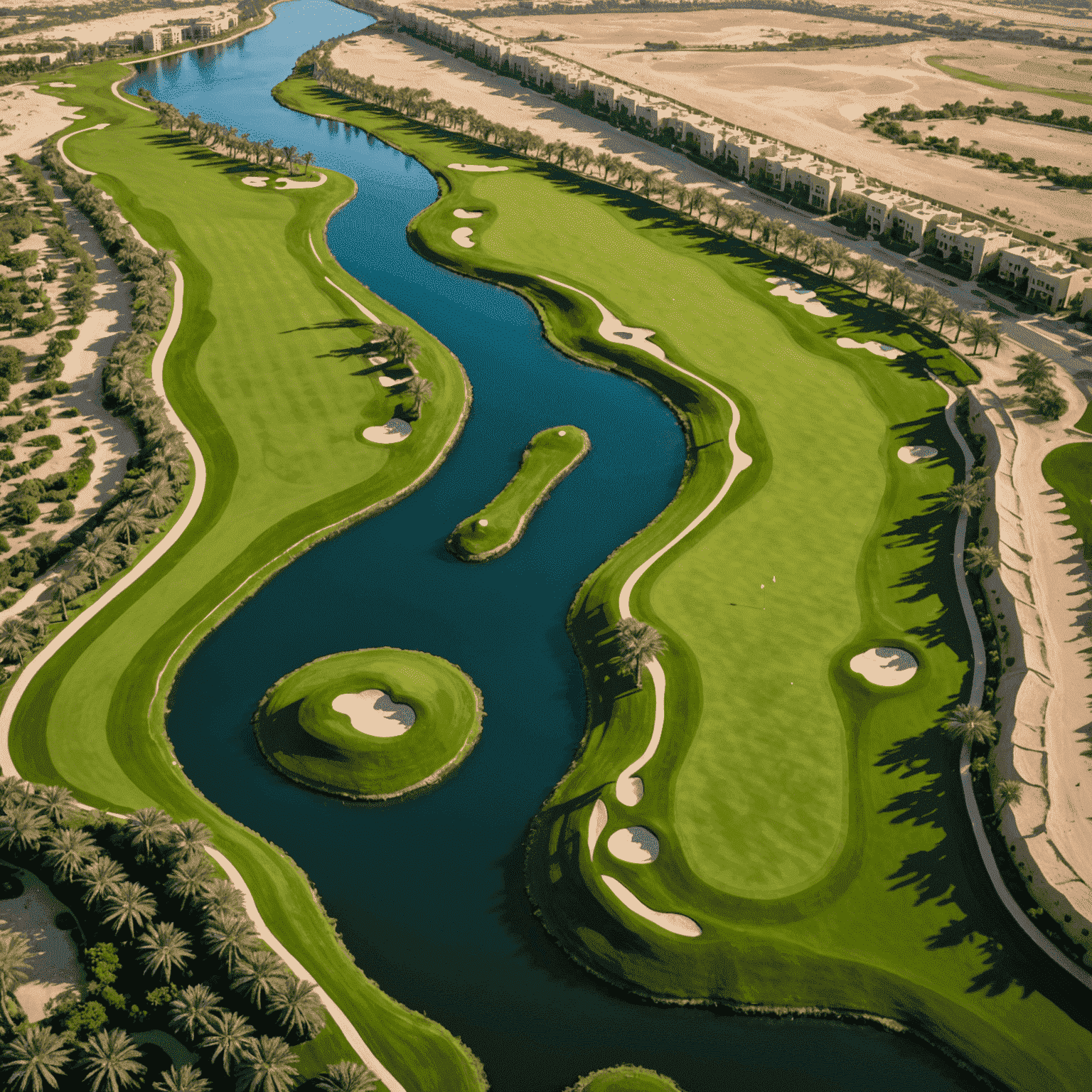 Aerial view of a lush green golf course in Dubai, contrasting with the surrounding desert landscape