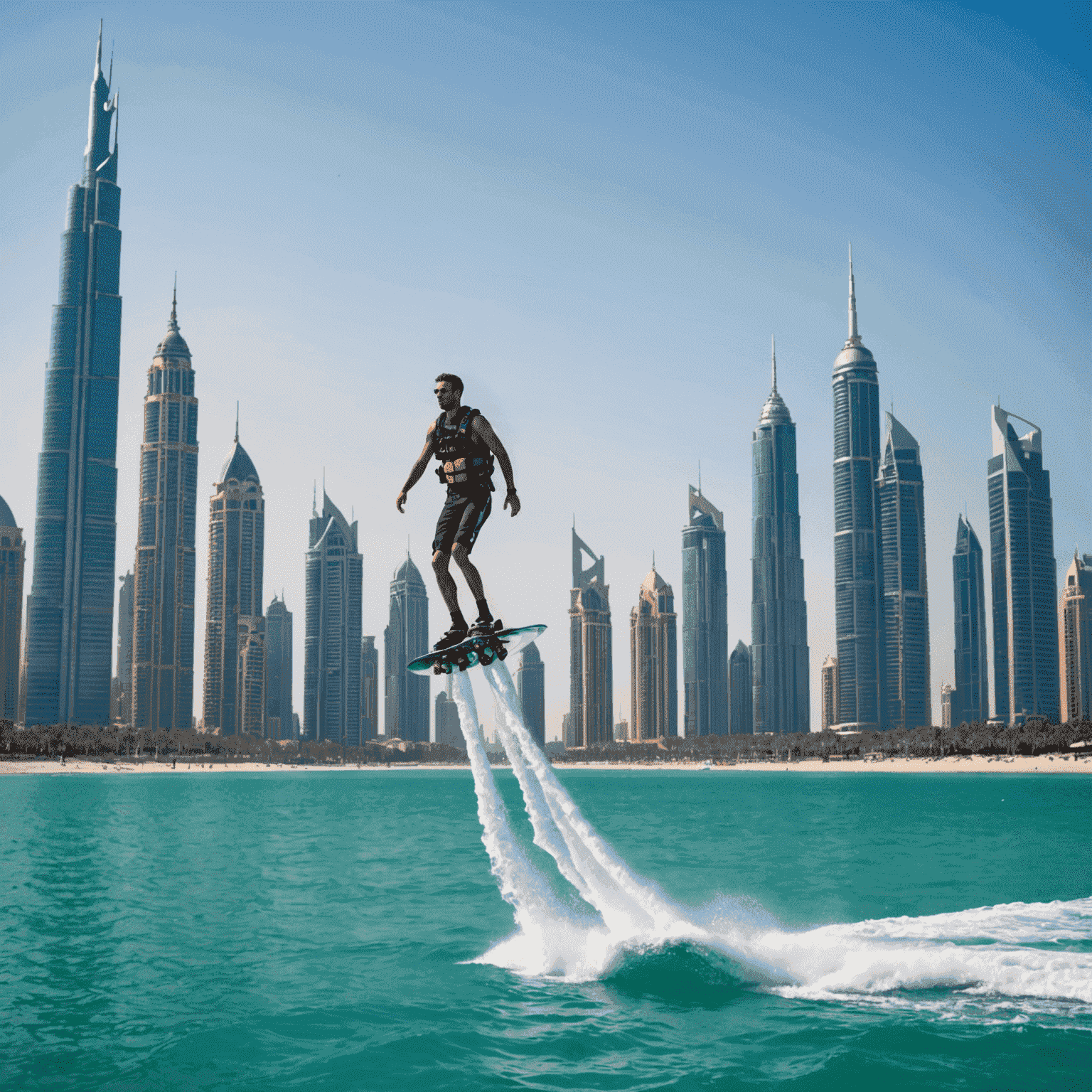 A person flyboarding above the turquoise waters of Jumeirah Beach with Dubai's skyline in the background