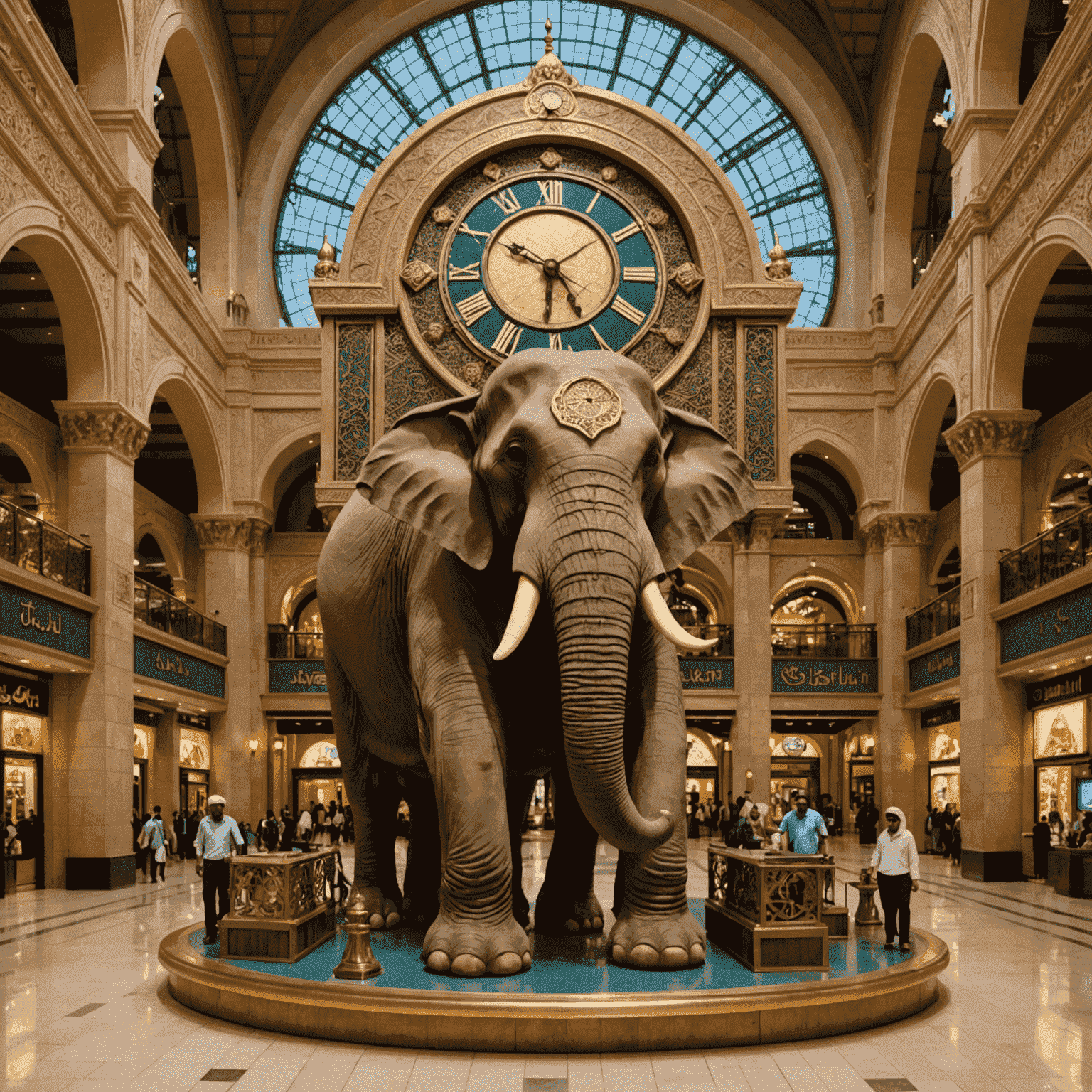 Ibn Battuta Mall's Persia Court, featuring intricate Islamic architecture and a giant elephant clock replica