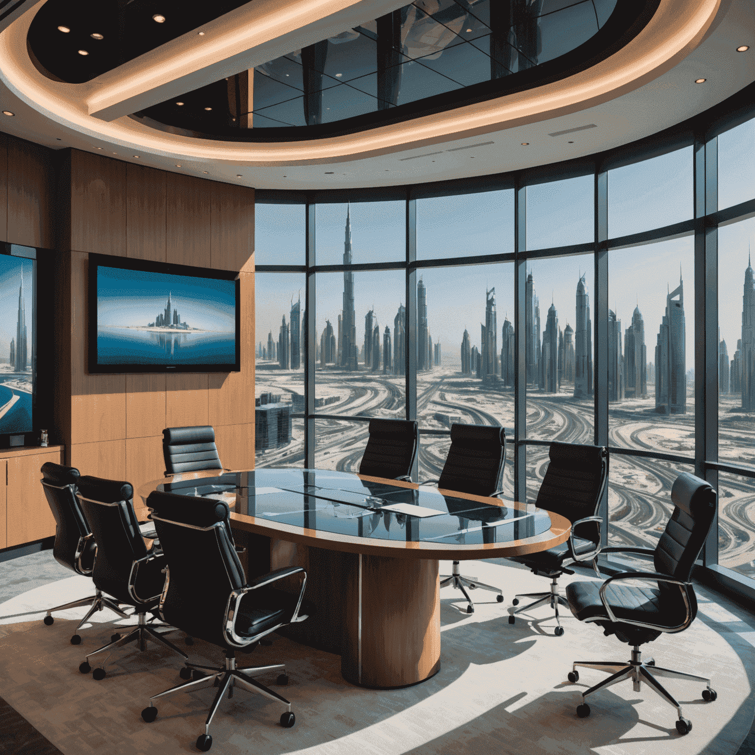 Futuristic boardroom in Dubai with floor-to-ceiling windows offering panoramic views of the city, high-tech presentation screens, and executives in discussion