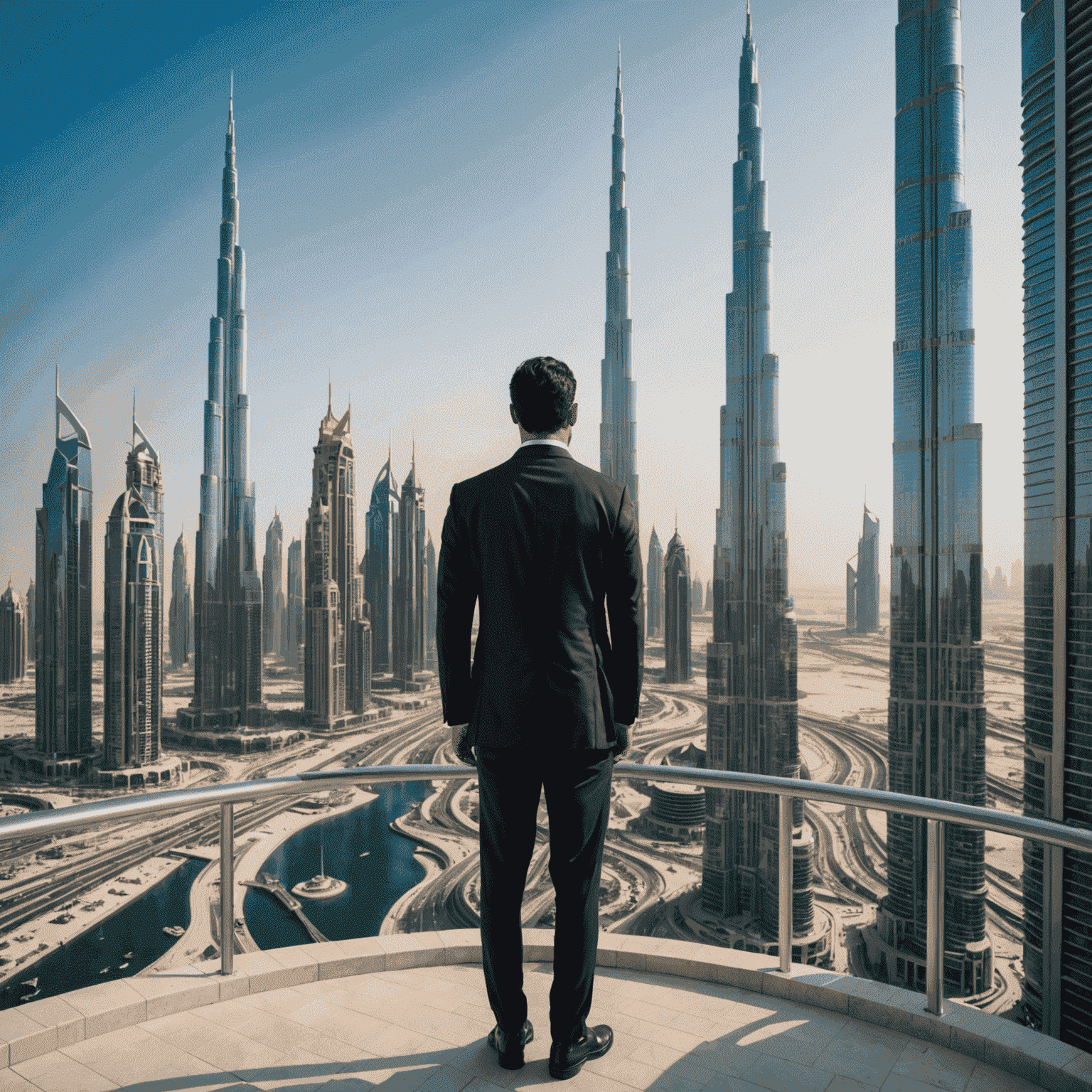 Modern business district of Dubai with skyscrapers and a person in a suit looking at the view