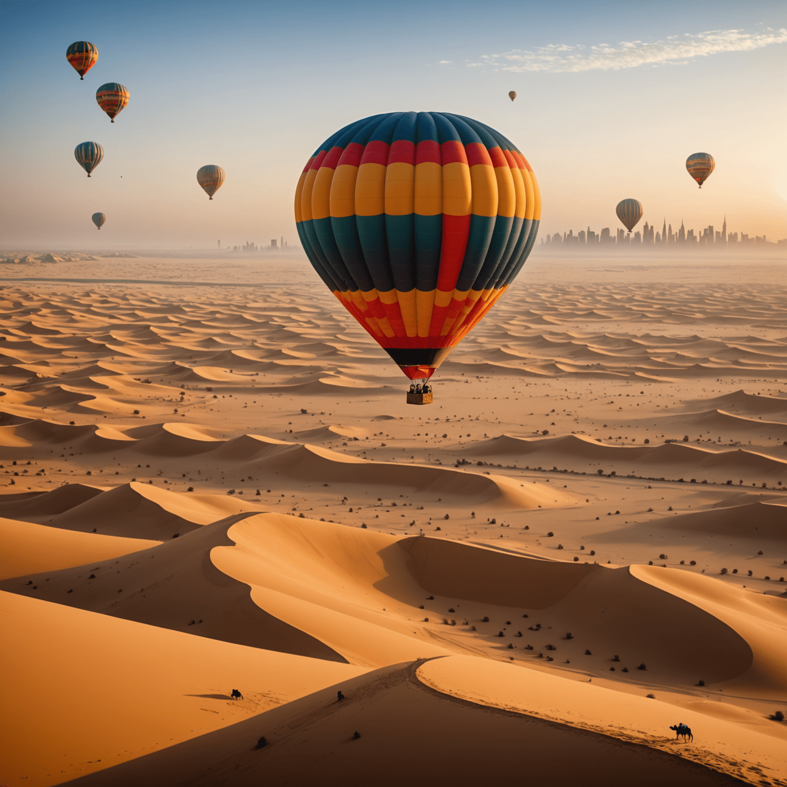 A colorful hot air balloon floating over the Dubai desert at sunrise, with camels and dunes visible below