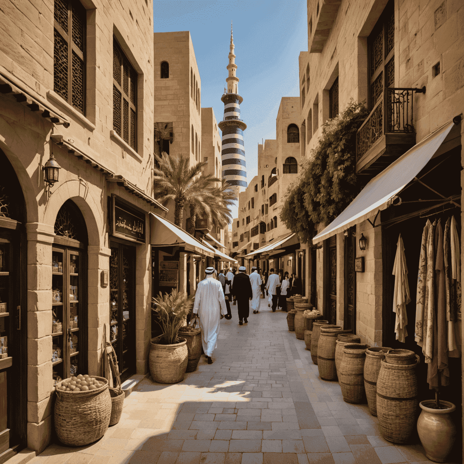 Souk Madinat Jumeirah's winding alleys filled with traditional Arabic goods and the Burj Al Arab visible in the background