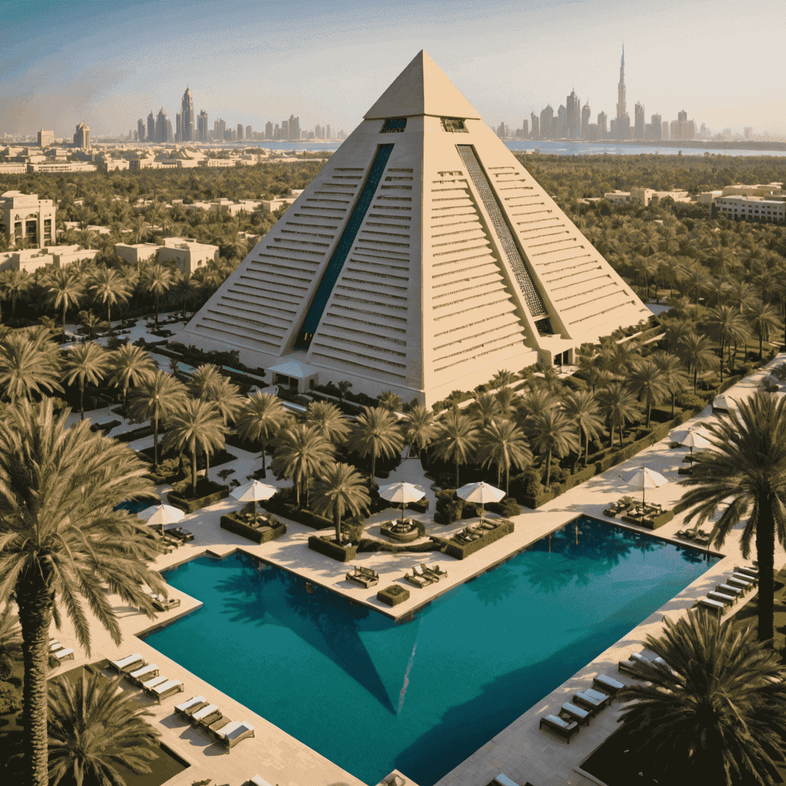 Raffles Dubai, a pyramid-shaped hotel with lush gardens, blending Egyptian-inspired architecture with Asian elements