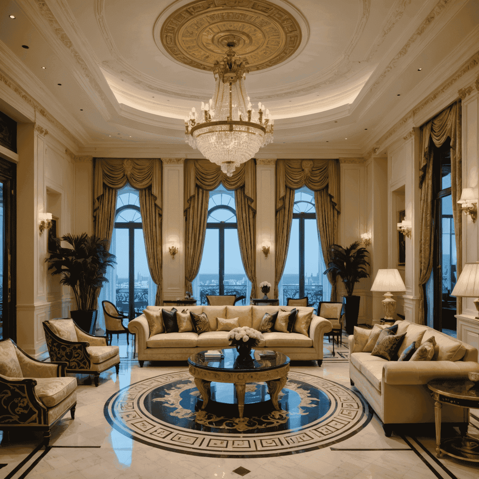 Palazzo Versace Dubai, a neoclassical masterpiece with Italian furnishings, hand-crafted ceilings, and the iconic Versace medusa head motif throughout