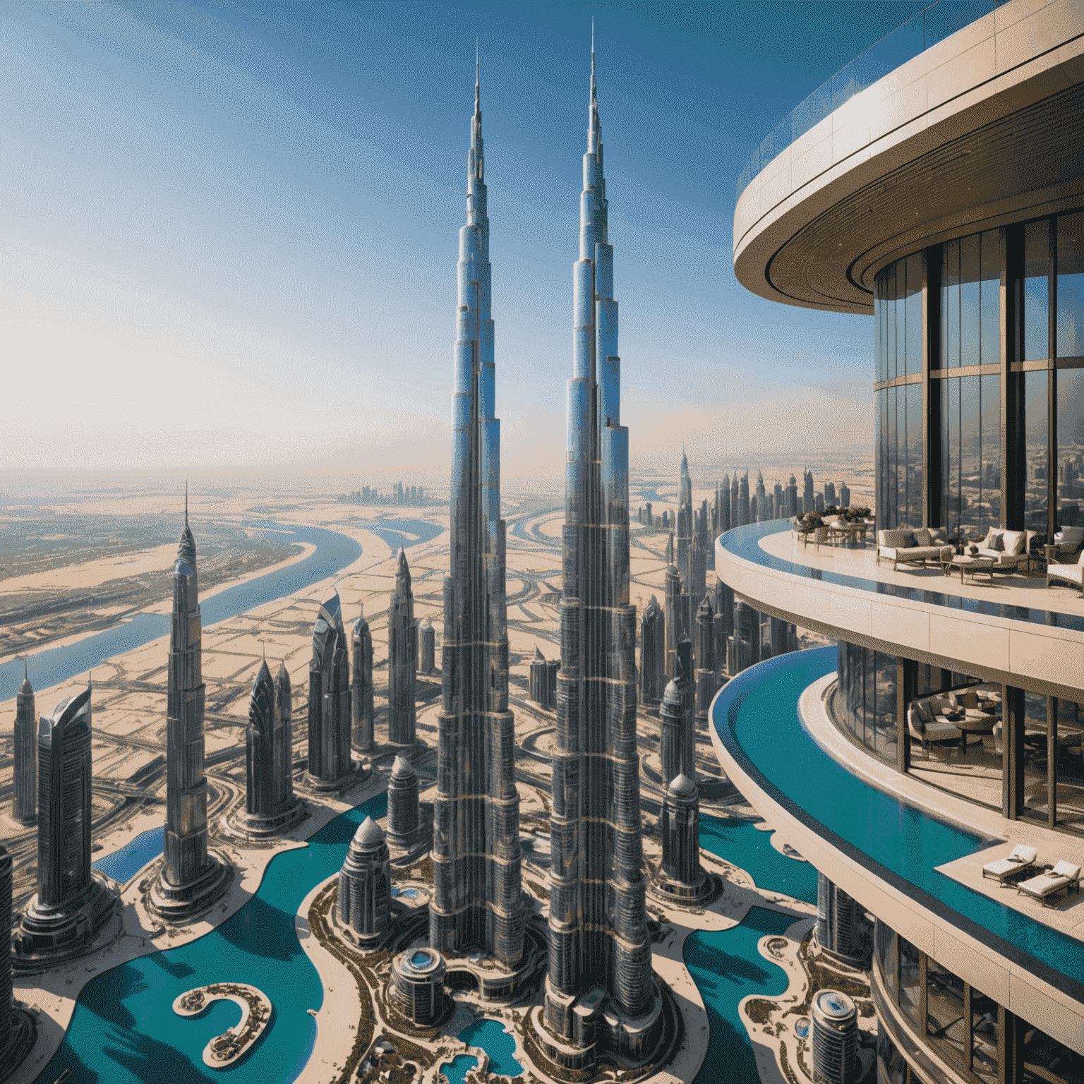 Address Sky View, two soaring towers connected by a sky bridge, featuring an infinity pool with panoramic views of Downtown Dubai and the Burj Khalifa